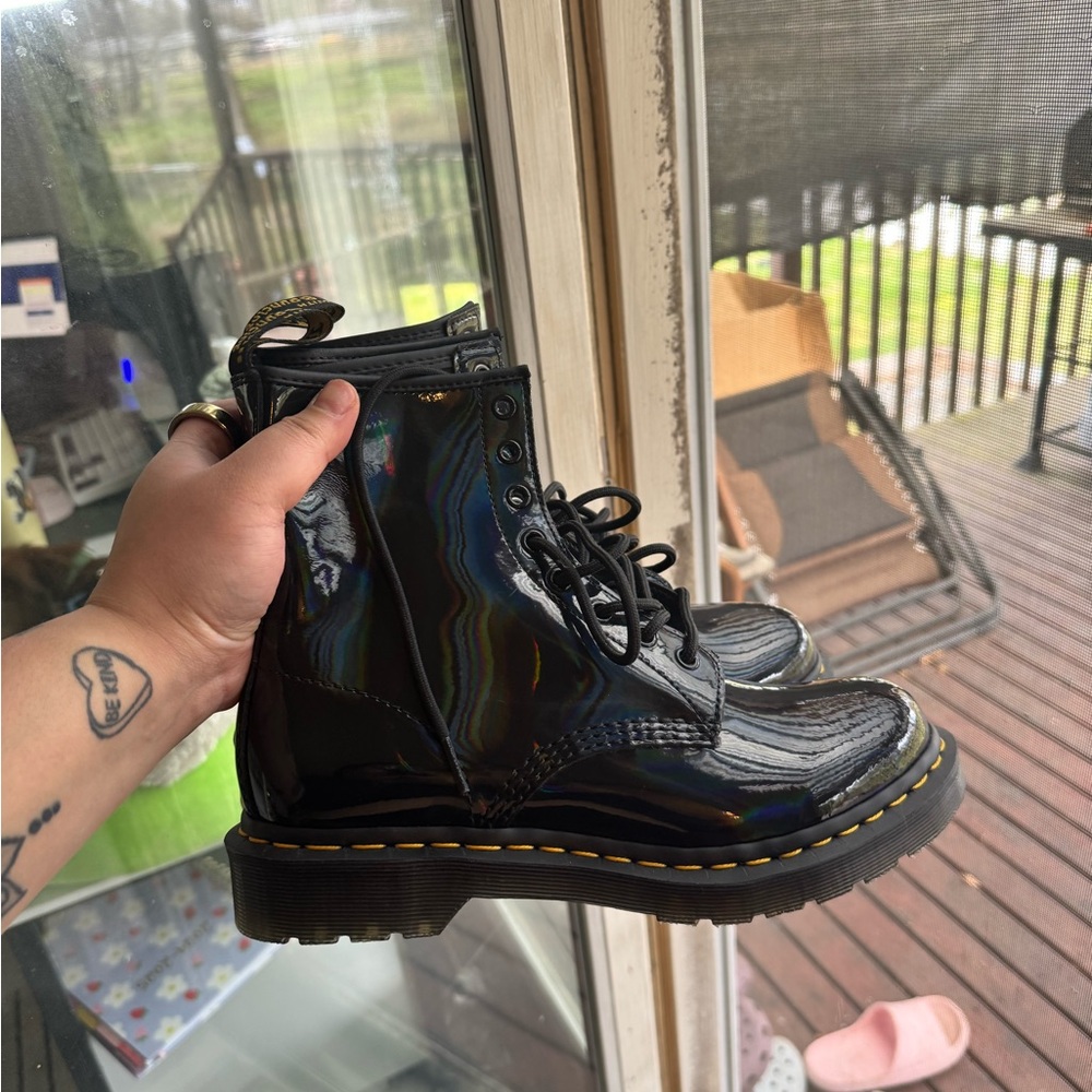 1460 Yellow Stitch Black Rainbow Patent Boots Doc Marten - Never Worn - No Box